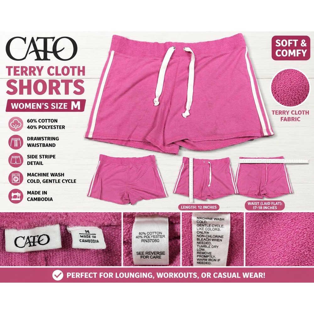 Cato Pink Terry Cloth Lounge Shorts Womens Medium Side Stripe Drawstring Soft